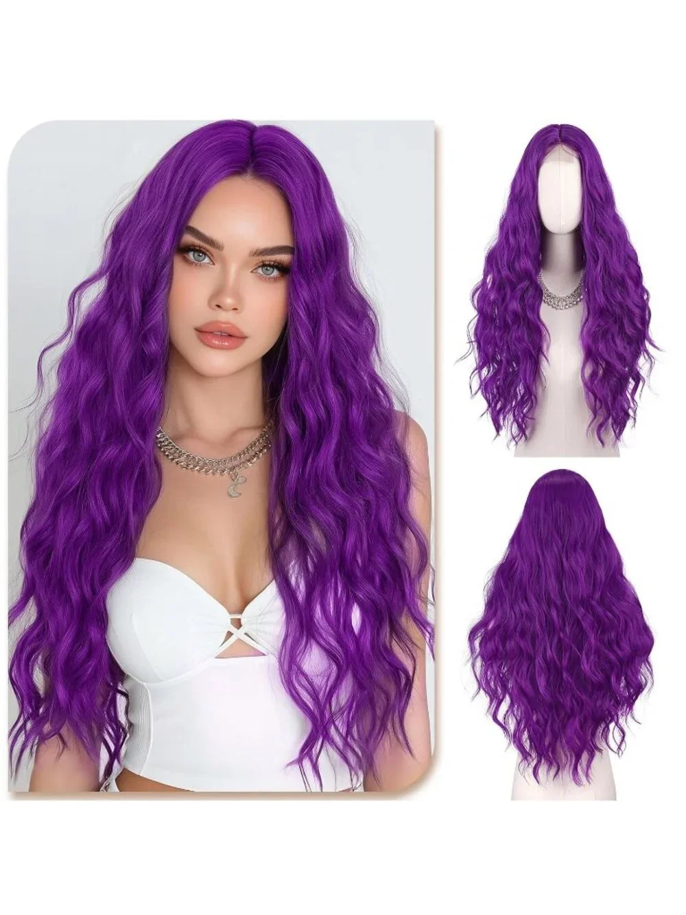 Women's Dark Purple 28 Inch Lace Front Soft Synthetic Long Wavy Curly Wigs